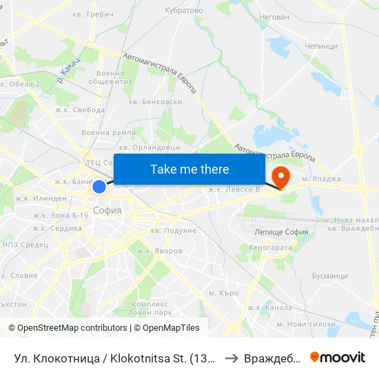 Ул. Клокотница / Klokotnitsa St. (1326) to Враждебна map