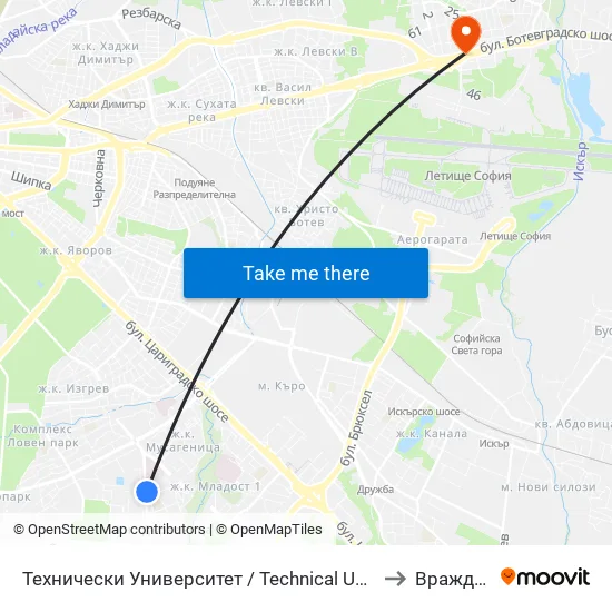 Технически Университет / Technical University (1743) to Враждебна map