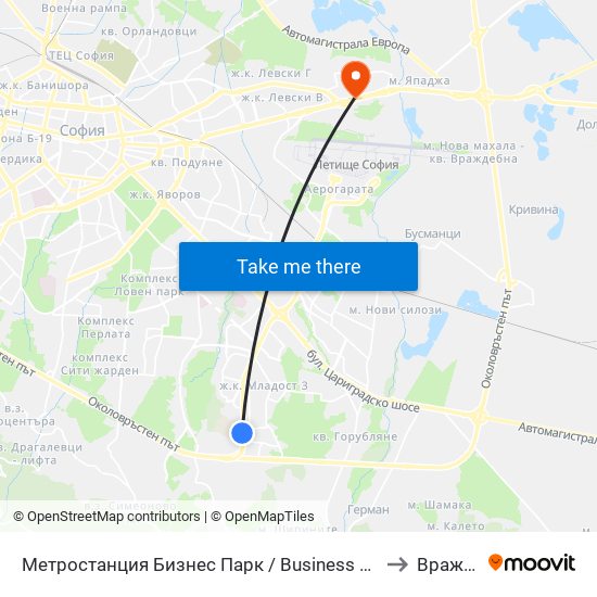 Метростанция Бизнес Парк / Business Park Metro Station (2490) to Враждебна map