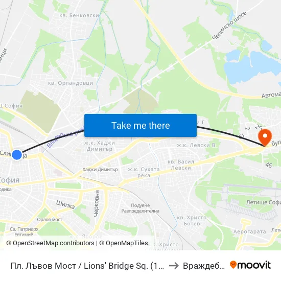 Ⓜ️ Пл. Лъвов Мост / Lions' Bridge Sq. (1275) to Враждебна map