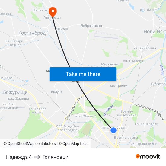 Надежда 4 to Голяновци map