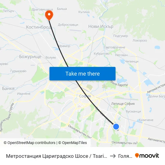 Ⓜ️ Метростанция Цариградско Шосе / Tsarigradsko Shosse Metro Station (1016) to Голяновци map