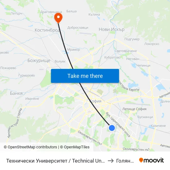 Технически Университет / Technical University (1743) to Голяновци map