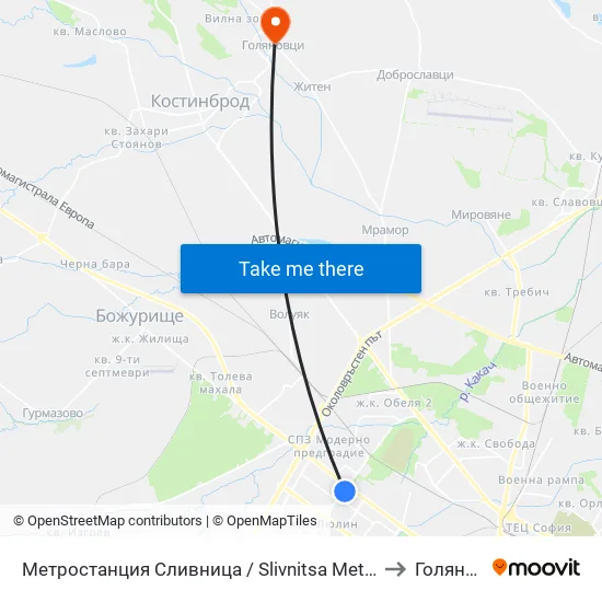 Ⓜ️ Метростанция Сливница / Slivnitsa Metro Station (1063) to Голяновци map