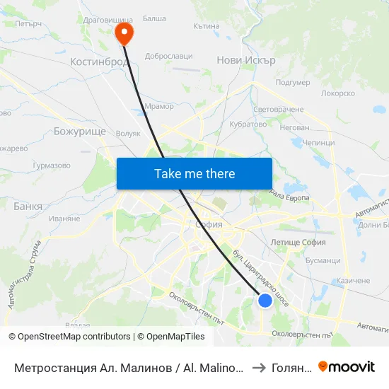 Ⓜ️ Метростанция Ал. Малинов / Al. Malinov Metro Station (0170) to Голяновци map