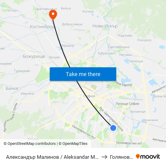Александър Малинов / Aleksandar Malinov to Голяновци map
