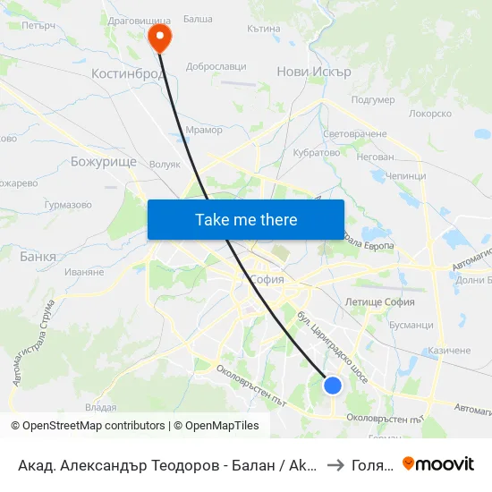 Акад. Александър Теодоров - Балан / Akademik Aleksandar Teodorov - Balan to Голяновци map