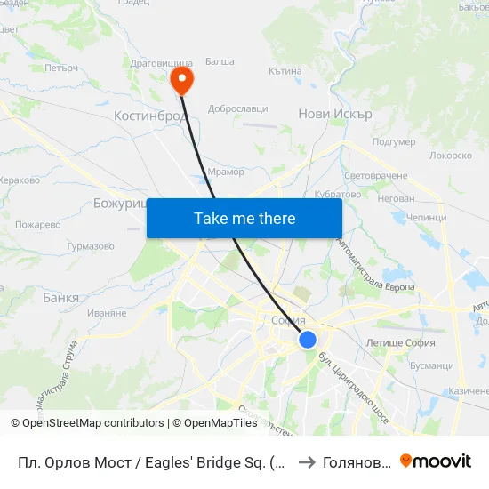 Ⓜ️ Пл. Орлов Мост / Eagles' Bridge Sq. (1289) to Голяновци map