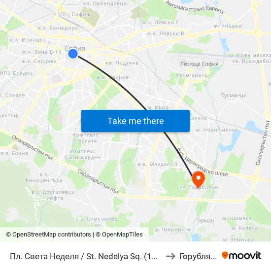 Пл. Света Неделя / St. Nedelya Sq. (1308) to Горубляне map