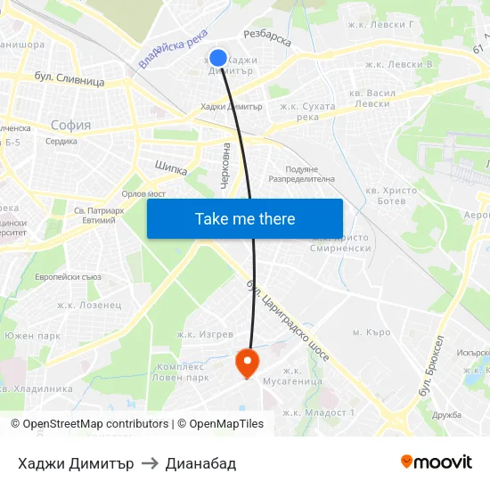 Хаджи Димитър to Дианабад map