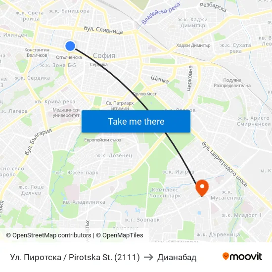 Ул. Пиротска / Pirotska St. (2111) to Дианабад map