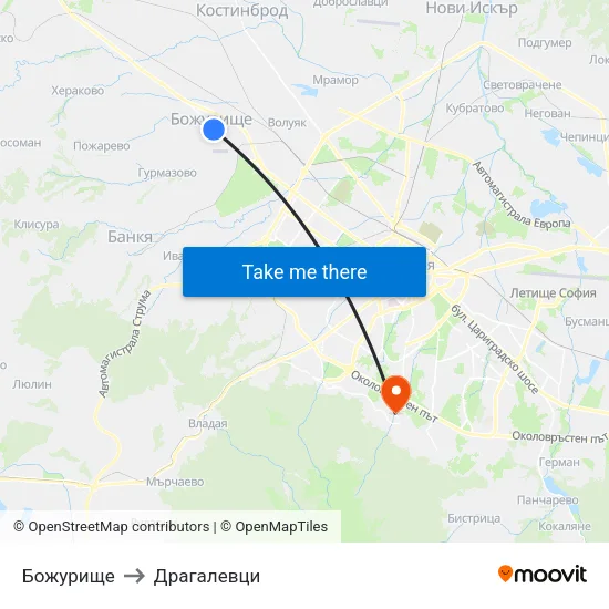 Божурище to Драгалевци map