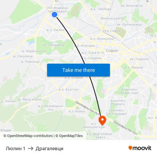 Люлин 1 to Драгалевци map