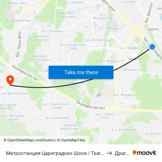 Ⓜ️ Метростанция Цариградско Шосе / Tsarigradsko Shosse Metro Station (1016) to Драгалевци map