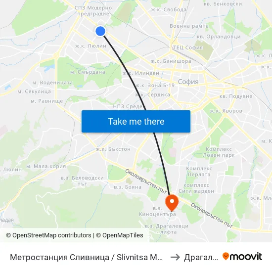 Ⓜ️ Метростанция Сливница / Slivnitsa Metro Station (1063) to Драгалевци map