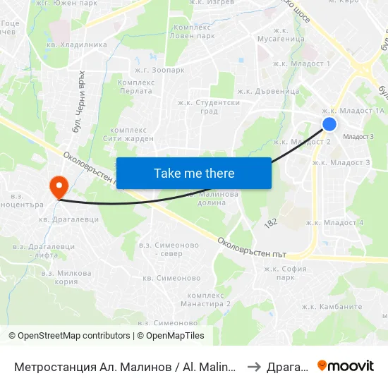 Ⓜ️ Метростанция Ал. Малинов / Al. Malinov Metro Station (0170) to Драгалевци map