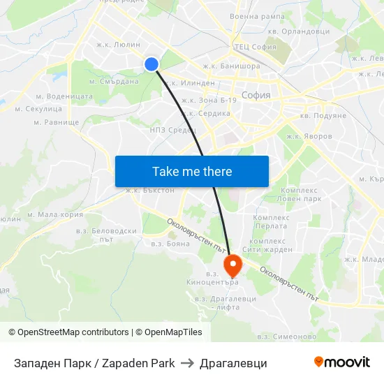 Западен Парк / Zapaden Park to Драгалевци map