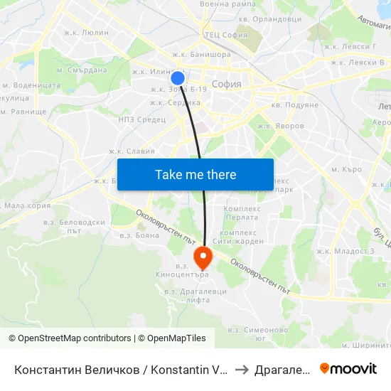 Константин Величков / Konstantin Velichkov to Драгалевци map
