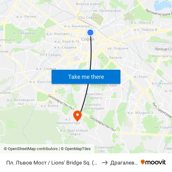 Ⓜ️ Пл. Лъвов Мост / Lions' Bridge Sq. (1275) to Драгалевци map