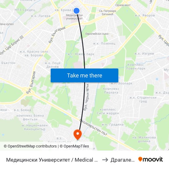 Медицински Университет / Medical University to Драгалевци map