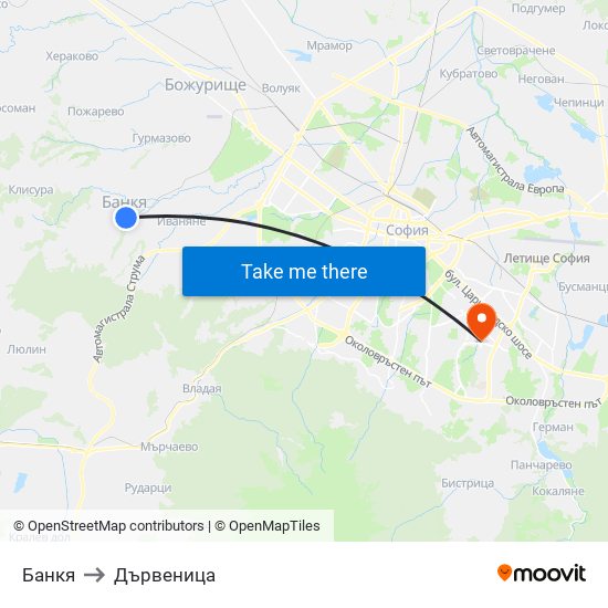 Банкя to Дървеница map