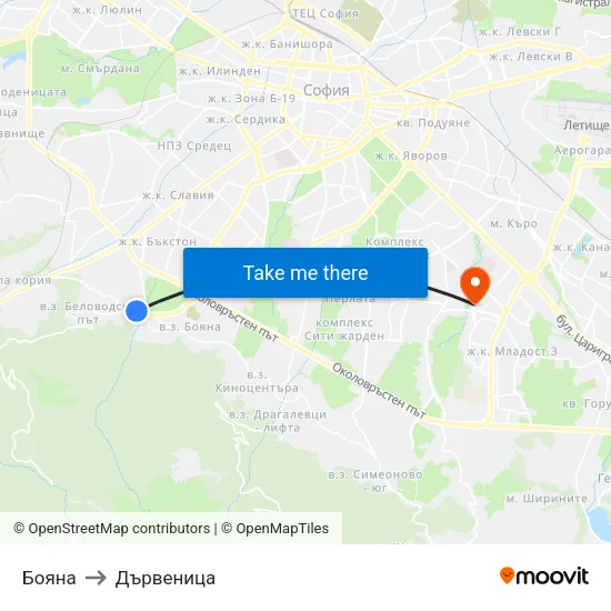 Бояна to Дървеница map