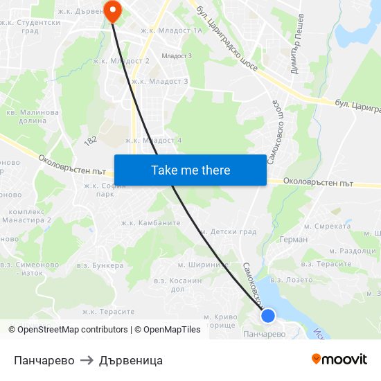 Панчарево to Дървеница map