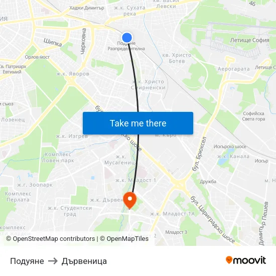 Подуяне to Дървеница map