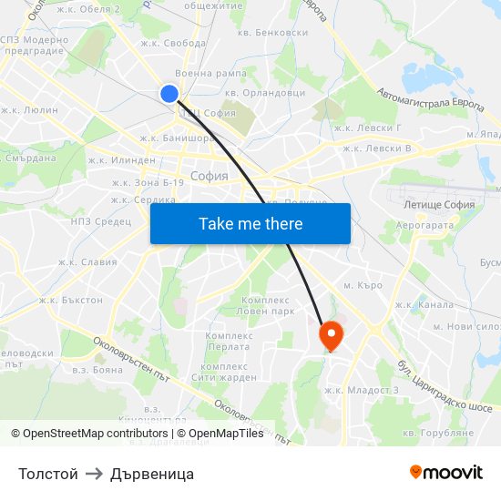 Толстой to Дървеница map