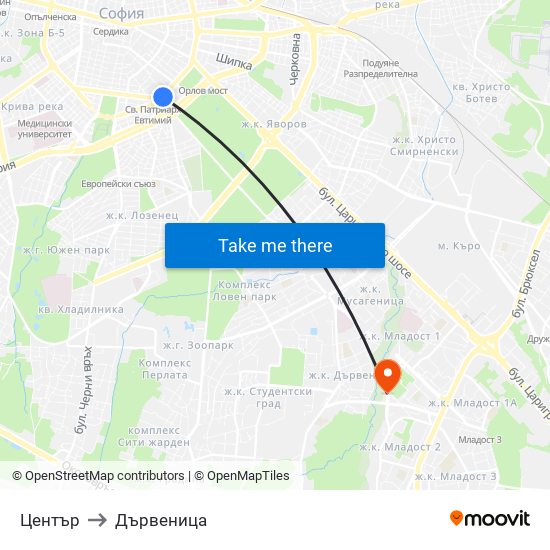 Център to Дървеница map
