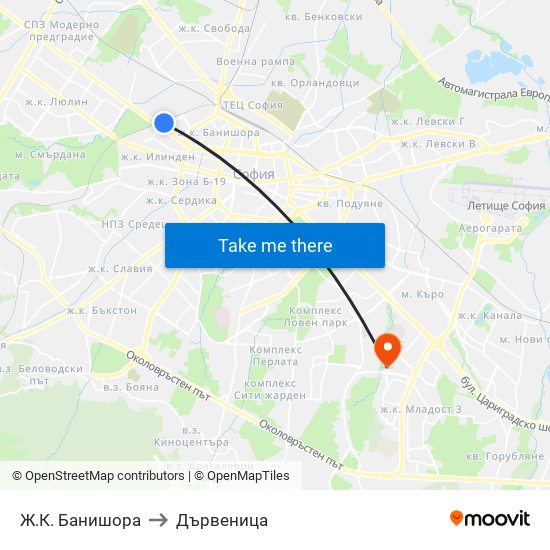 Ж.К. Банишора to Дървеница map