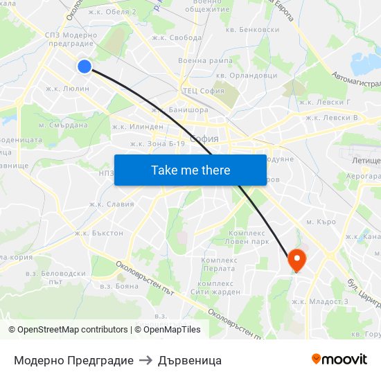 Модерно Предградие to Дървеница map