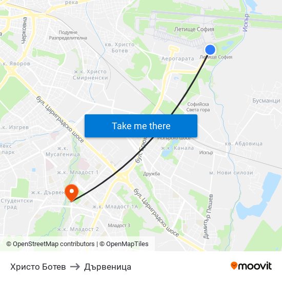 Христо Ботев to Дървеница map