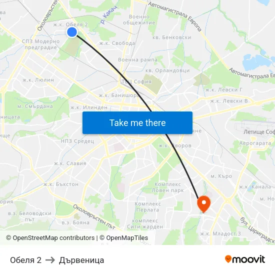 Обеля 2 to Дървеница map