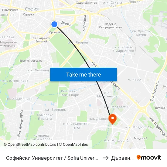 Ⓜ️🎓 Софийски Университет / Sofia University (1700) to Дървеница map