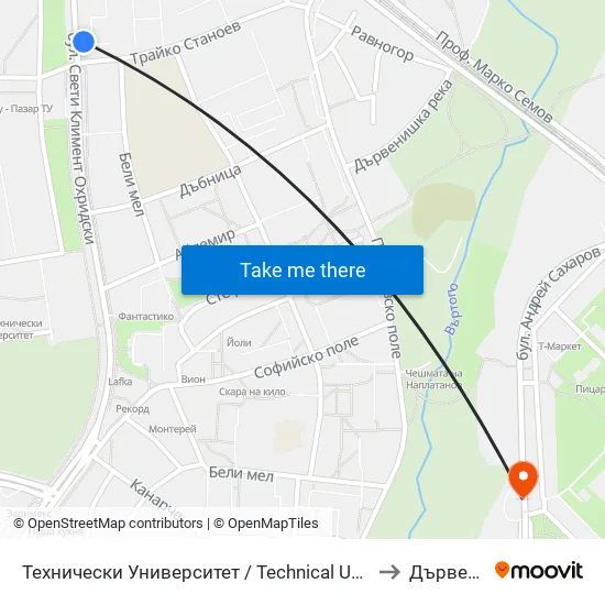Технически Университет / Technical University (1743) to Дървеница map