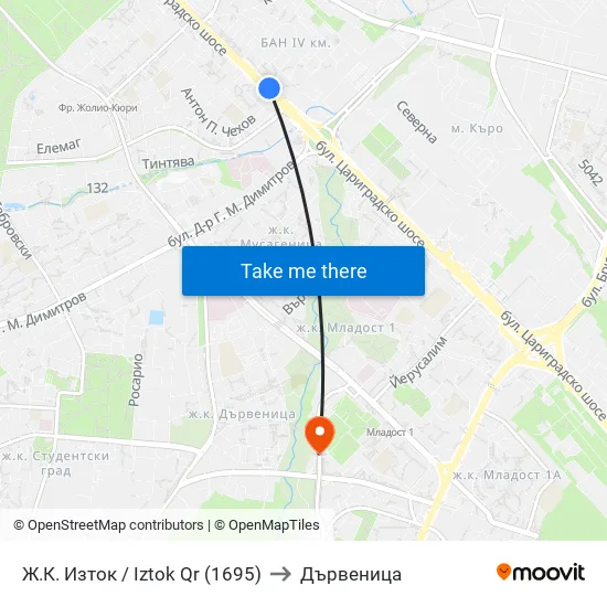 Ж.К. Изток / Iztok Qr (1695) to Дървеница map