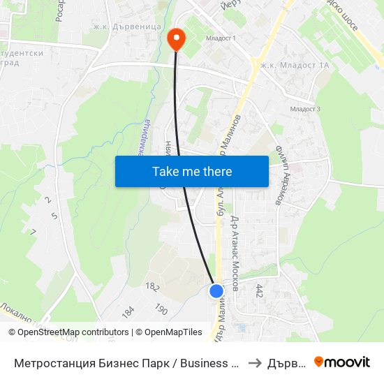Метростанция Бизнес Парк / Business Park Metro Station (2490) to Дървеница map