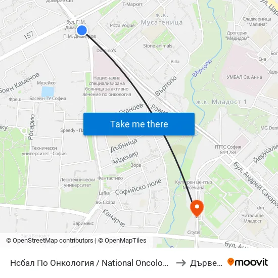 Ⓜ️ Нсбал По Онкология / National Oncology Hospital (0764) to Дървеница map