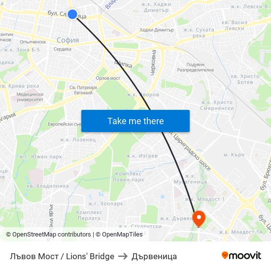 Лъвов Мост / Lions' Bridge to Дървеница map
