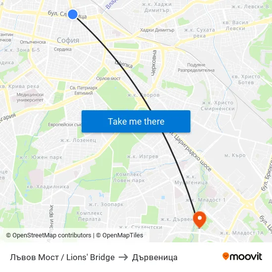 Лъвов Мост / Lions' Bridge to Дървеница map
