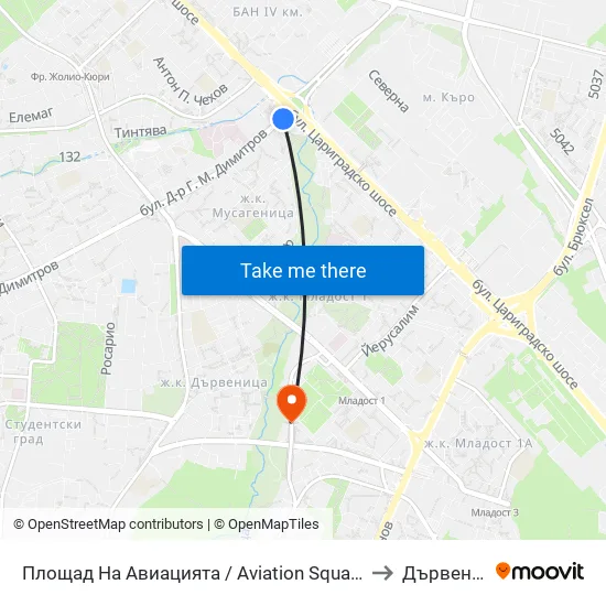 Площад На Авиацията / Aviation Square (1257) to Дървеница map