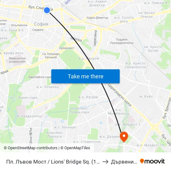 Ⓜ️ Пл. Лъвов Мост / Lions' Bridge Sq. (1278) to Дървеница map
