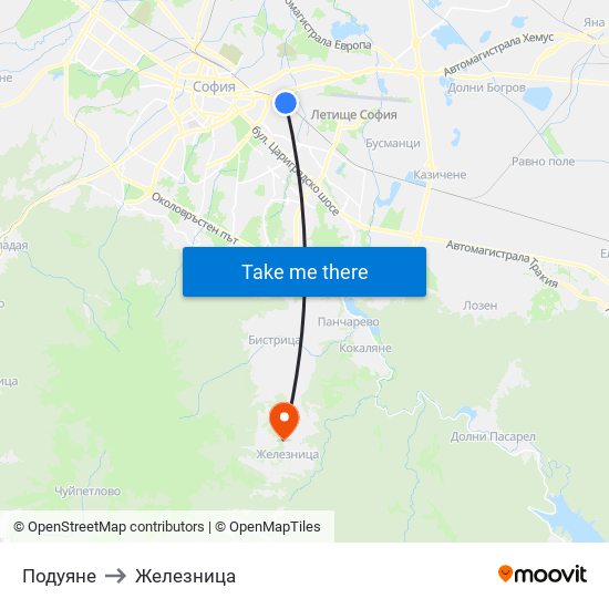 Подуяне to Железница map