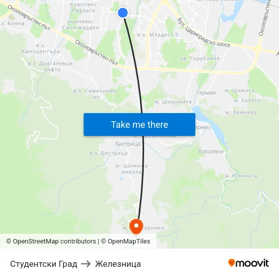Студентски Град to Железница map