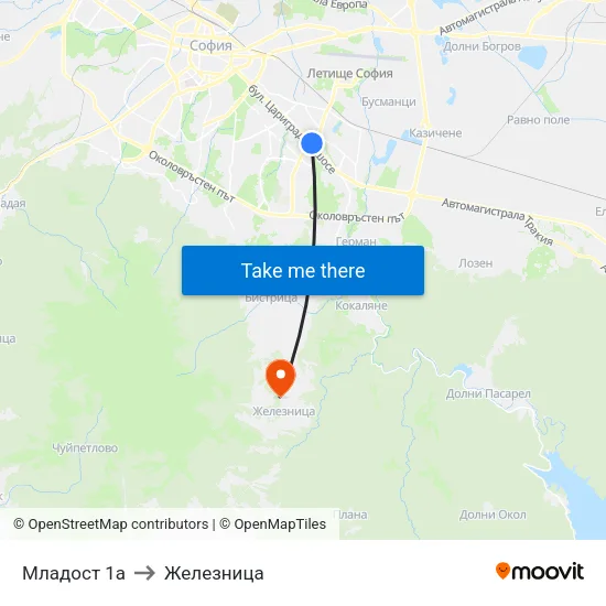 Младост 1а to Железница map