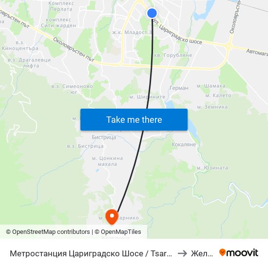 Метростанция Цариградско Шосе / Tsarigradsko Shosse Metro Station (1016) to Железница map