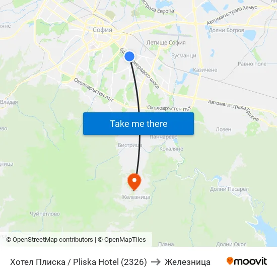 Хотел Плиска / Pliska Hotel (2326) to Железница map