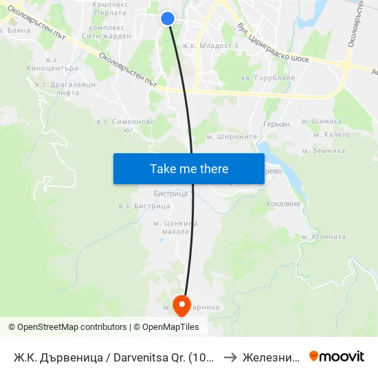 Ж.К. Дървеница / Darvenitsa Qr. (1015) to Железница map