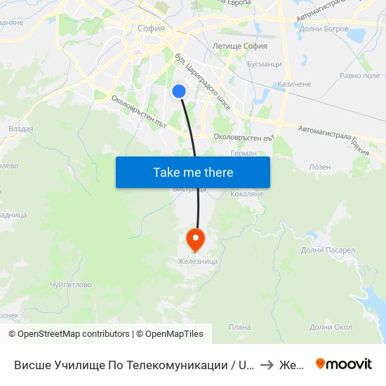 Висше Училище По Телекомуникации / University Of Telecommunications And Post (1397) to Железница map